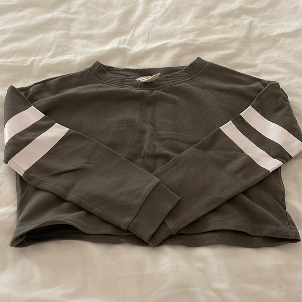girls navy green crewneck with white stripes on each sleeve